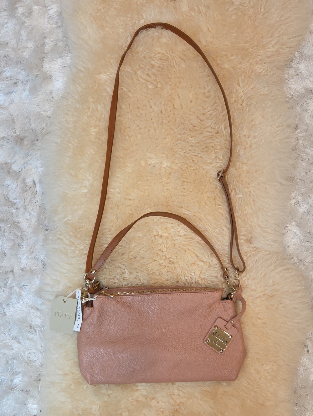 Valentina Italian Leather Crossbody Purse Blush Pink With Brown Straps NWT